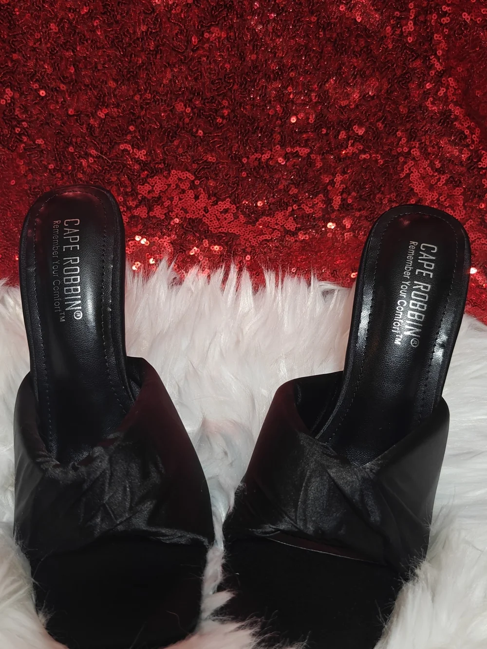 Cape Robbin Black Satin Knot Mule Heels with Gold Stiletto